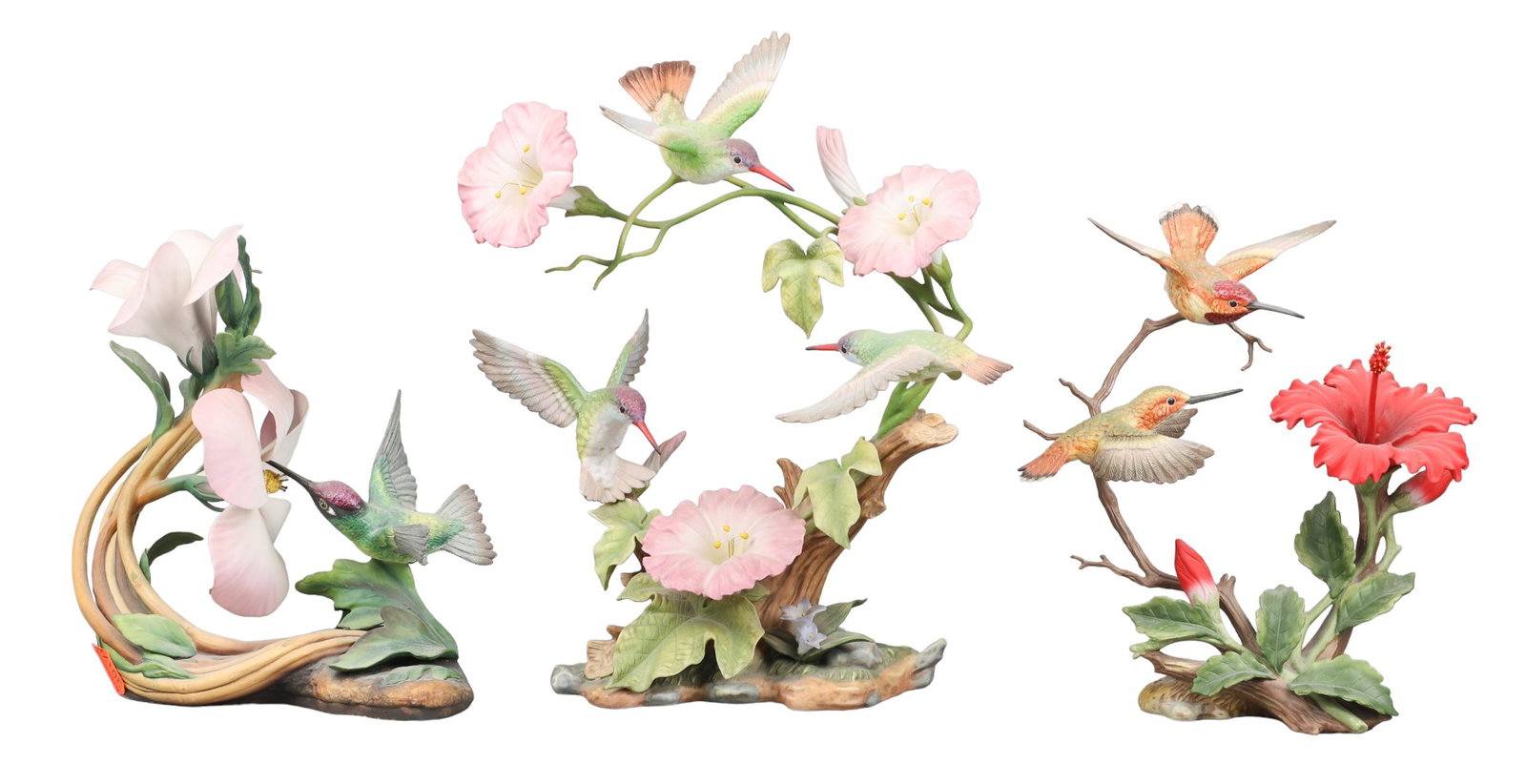 (3) Hummingbird Figures: (3) Porcelain hummingbird figurines, c/o Boehm "RIvoli's Hummingbird with Hibiscus" #153 1976, Maruri USA "Allen's Hummingbird with Hibiscus 1989, Maruri Studio Limited Edition "Delicate Motion - Viol