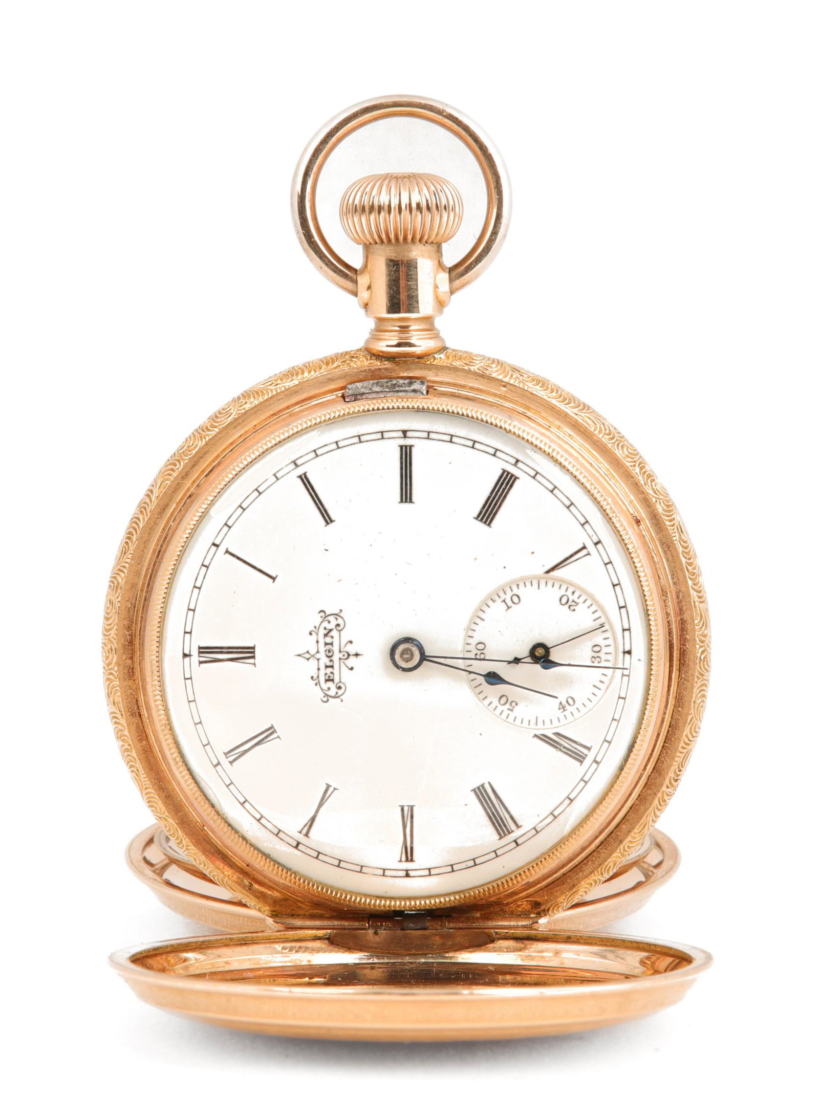 Elgin HC 6s 7J YGF pocket watch, SN 6365682: Elgin HC 6s 7J YGF pocket watch, SN 6365682, warranted case marked 461757, clean dial with sunken seconds track, running at time of inspection, not intended as a guarantee, 38.9 DWT total, case in flo