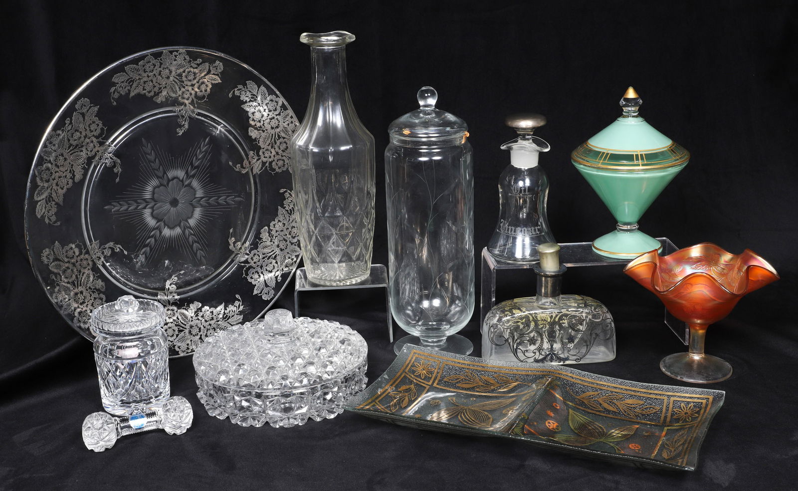 (11) Pcs Glass, incl Cut, Silver Overlay, Carnival (1 of 11)