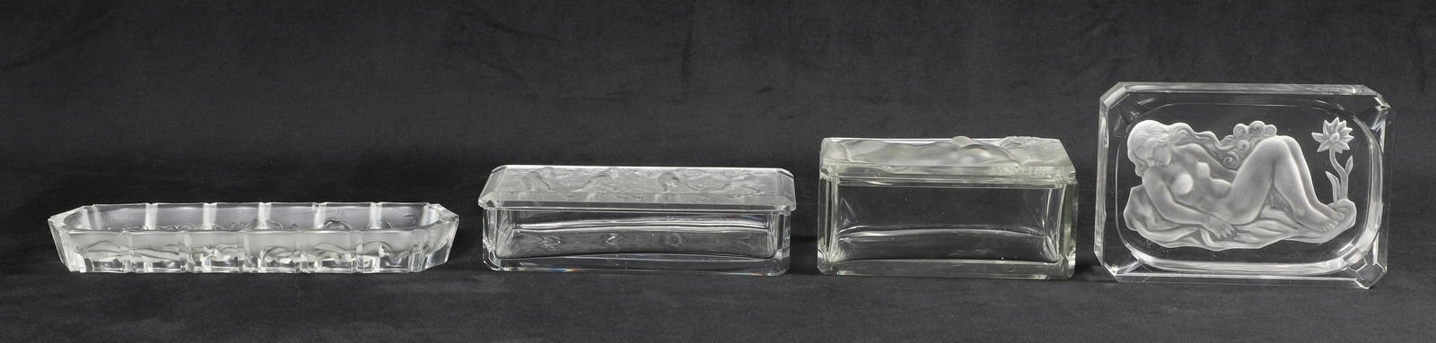 (4) Art Deco Boxes and Trays: (4) Art deco boxes and trays to include a Hoffman style nude relief decorated dresser box c 1930, 5-1/2"L x 3-1/2"W x 2-1/2"H, nude etched cut corner tray, Hoffman style, 5-3/4"L x 4-1/8"W x 1-1/2"H,