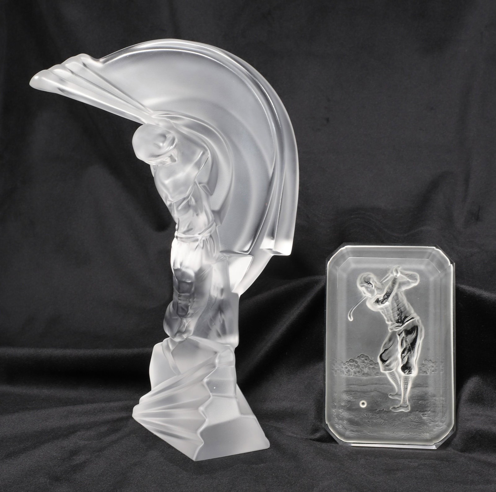 Cristal de Sevres Frosted Glass Golfer: Cristal de Sevres Frosted Glass Golfer, 10"H also to include similarly designed frosted glass golfer weight, 5"H