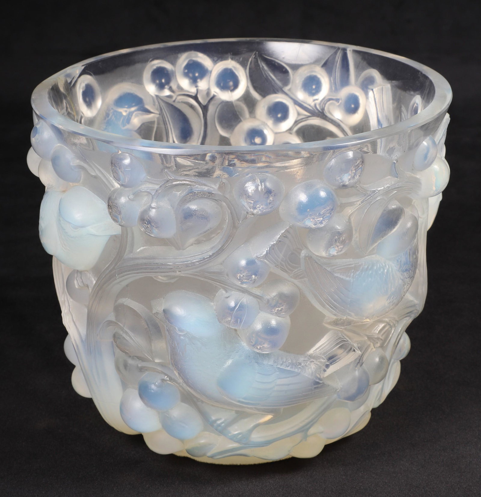 R. Lalique Opalescent Avalon Vase: R. Lalique opalescent 'Avalon' vase in bird and cherry decoration, repair to side, spots where rim has been ground down, chip to foot, signed R. Lalique France at underside, 5-1/2"H x 6-1/4" dia