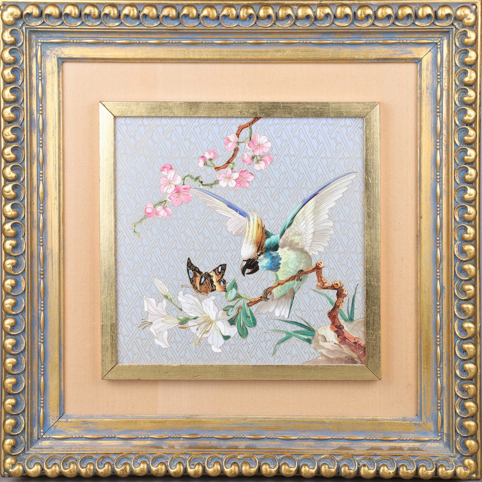 Framed Painted Porcelain of Bird and Butterfly: Framed paitned porcelain of bird and butterfly, on a blossoming branch of a cherry blosson , 9-1/8" square tile in 15-1/2" square frame