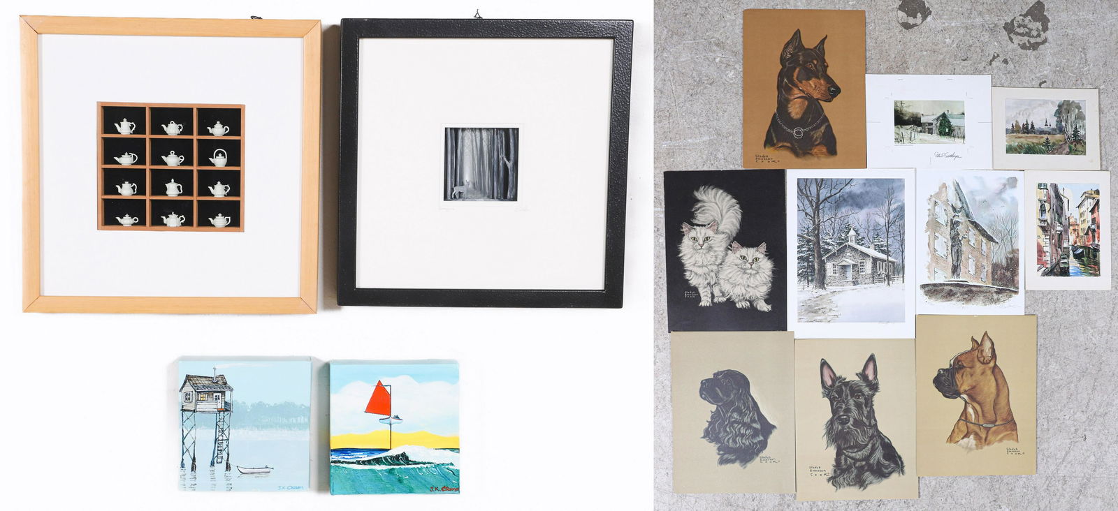 Lot of Assorted Artwork: Lot of Assorted Artwork (2) JK Crum miniature paintings, 2 framed dioramas, set of process prints signed Peter Sculthorpe, 2 watercolors and various loose prints, dioramas, measure 13" x 13", good con