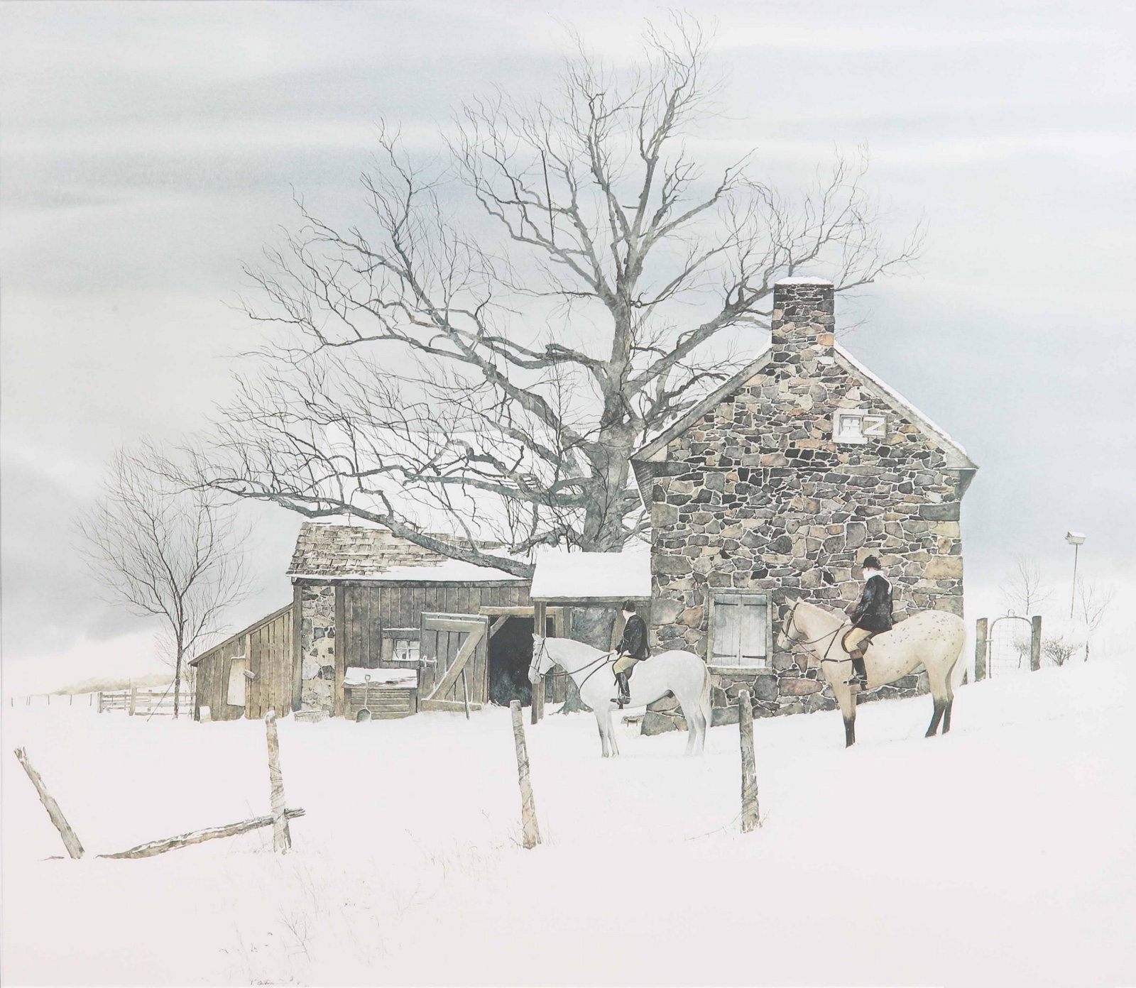 Peter Sculthorpe "Winter Huntsmen": Peter Sculthorpe (American, b 1948) "Winter Huntsmen" offset lithograph, pencil signed P Sculthorpe, edition 425/550, very good condition