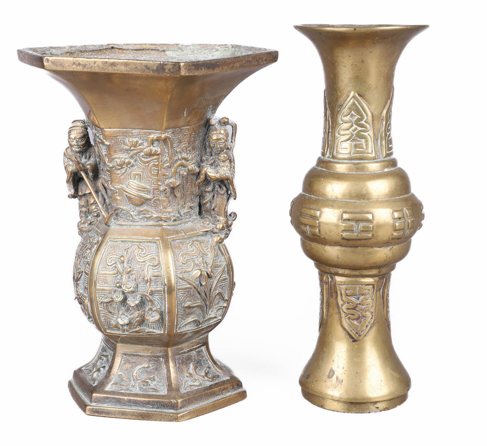 (2) Chinese Embossed Gilt Bronze Vases: (2) Chinese embossed gilt bronze vases, unmarked, c/o hexagonal with figural handles (7" h), gu form (7-3/8" h)