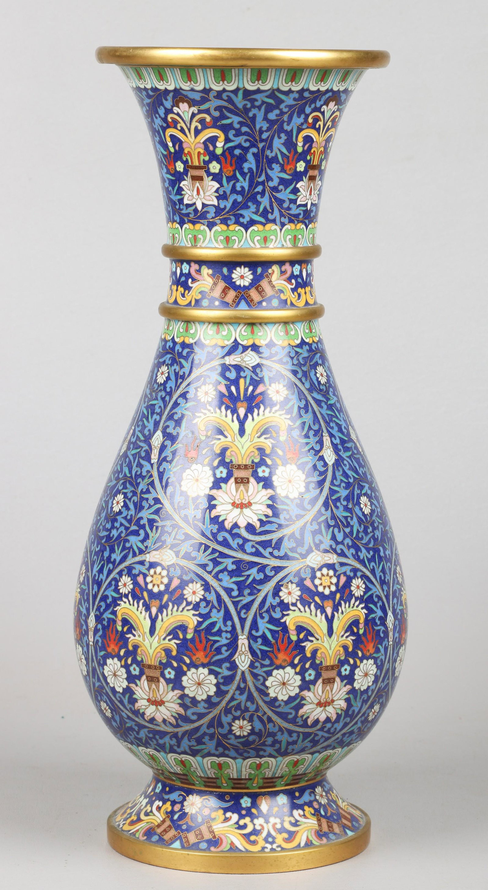 Chinese Cloisonne Vase: Chinese cloisonne vase, floral medallions, foil label with calligraphy to base, 15-1/4" h