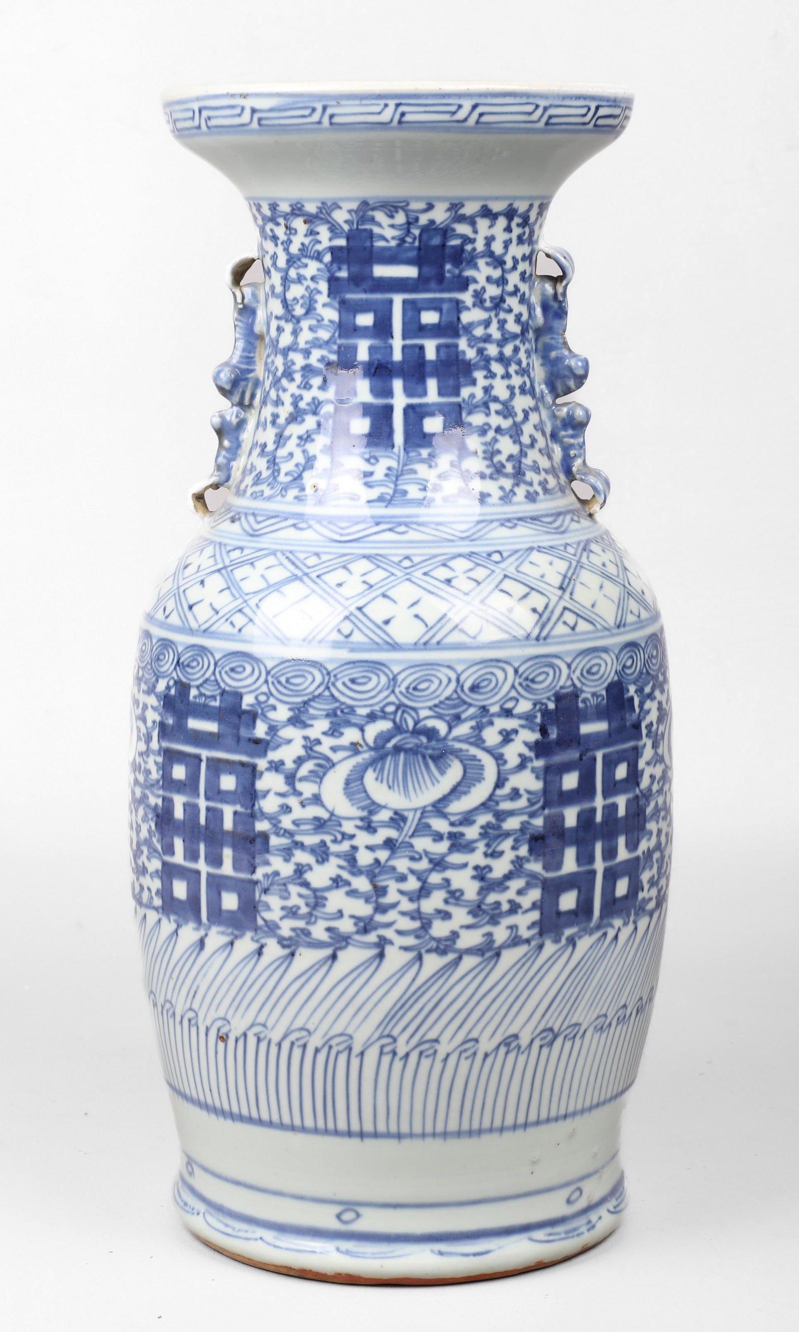 Chinese Blue & White Double Happiness Vase: Chinese blue & white porcelain Double Happiness vase, unmarked, 17" h, Spider in bottom under glaze, no chips or cracks