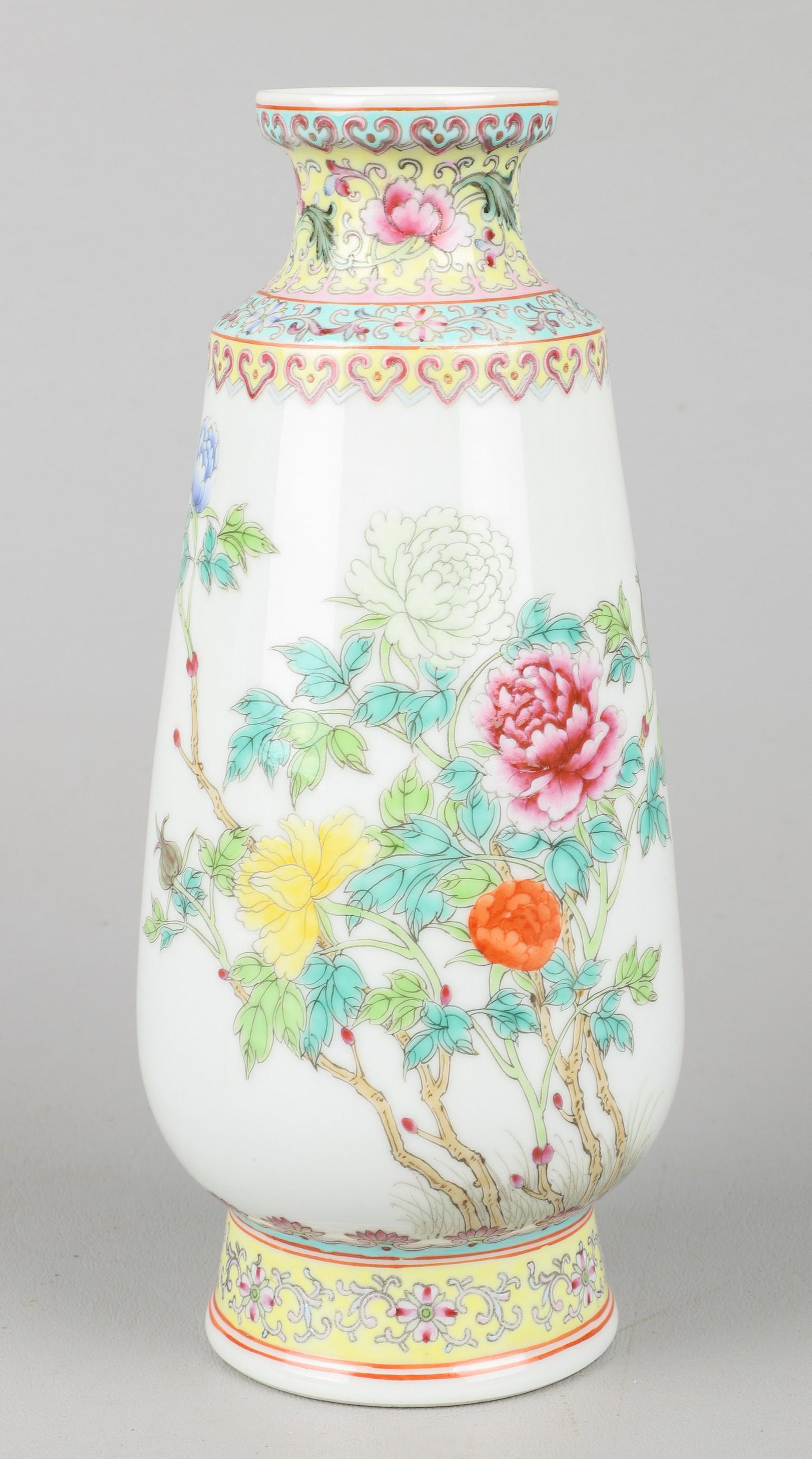 Chinese Porcelain Vase: Chinese porcelain vase, floral decoration with calligraphy, seal mark to base, 8-1/2" h