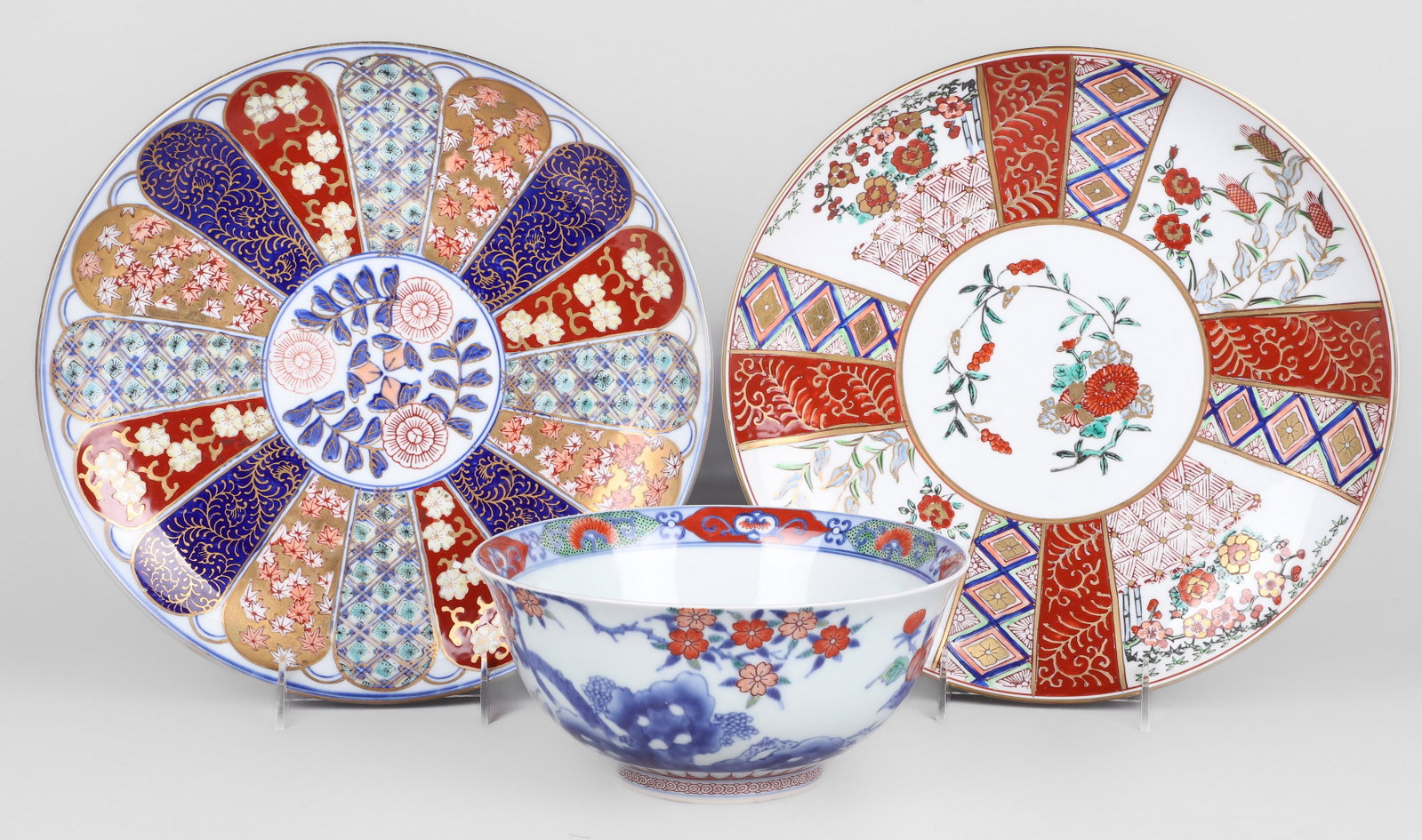 (3) Pcs Japanese Porcelain: (3) Pcs Japanese porcelain, c/o bowl, mark to base (8-3/8" dia x 4" h), (2) Gold Imari porcelain chargers, mark to base (12-1/4" dia)