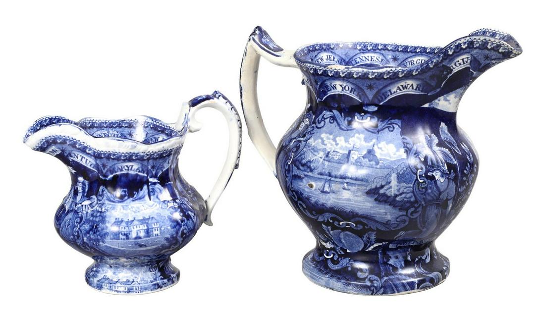 (2) Staffordshire Historical Blue Pitchers (1 of 6)