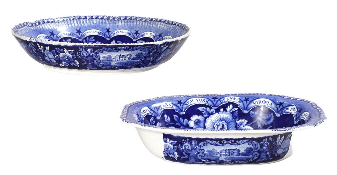 Staffordshire Clews Historical Blue States Bowl, Server: Staffordshire Clews Historical Blue Bowl and Server, States pattern by James and Ralph Clews, depicting 15 states with state border: New York, Delaware, Virginia, New Hampshire, Massachusetts, Rhode I