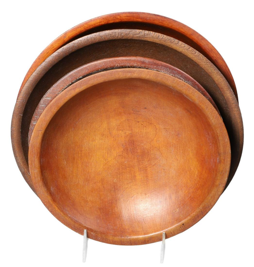 (4) Carved Wood Bowls: (4) Carved wood bowls, 9-1/4" dia with wax residue, 9-1/4", (2) 10-3/4" dia