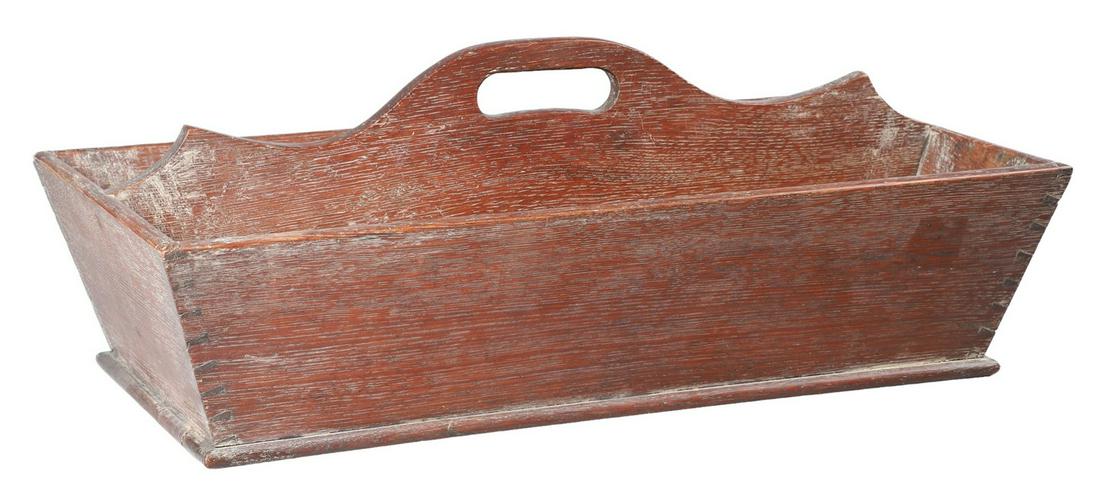 Large Dovetailed Cutlery Tray: Large dovetailed cutlery tray, with canted sides and shaped handle, 16"L x 9"W x 4"H, split to bottom