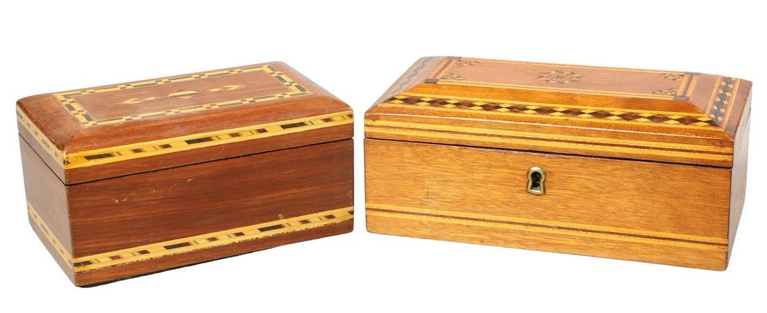 (2) American Inlaid Wood Humidors: (2) American inlaid wood humidors, 8" L x 4-1/2" D x 3-1/2"H and 6-1/2"L x 4"W x 3-1/2"H