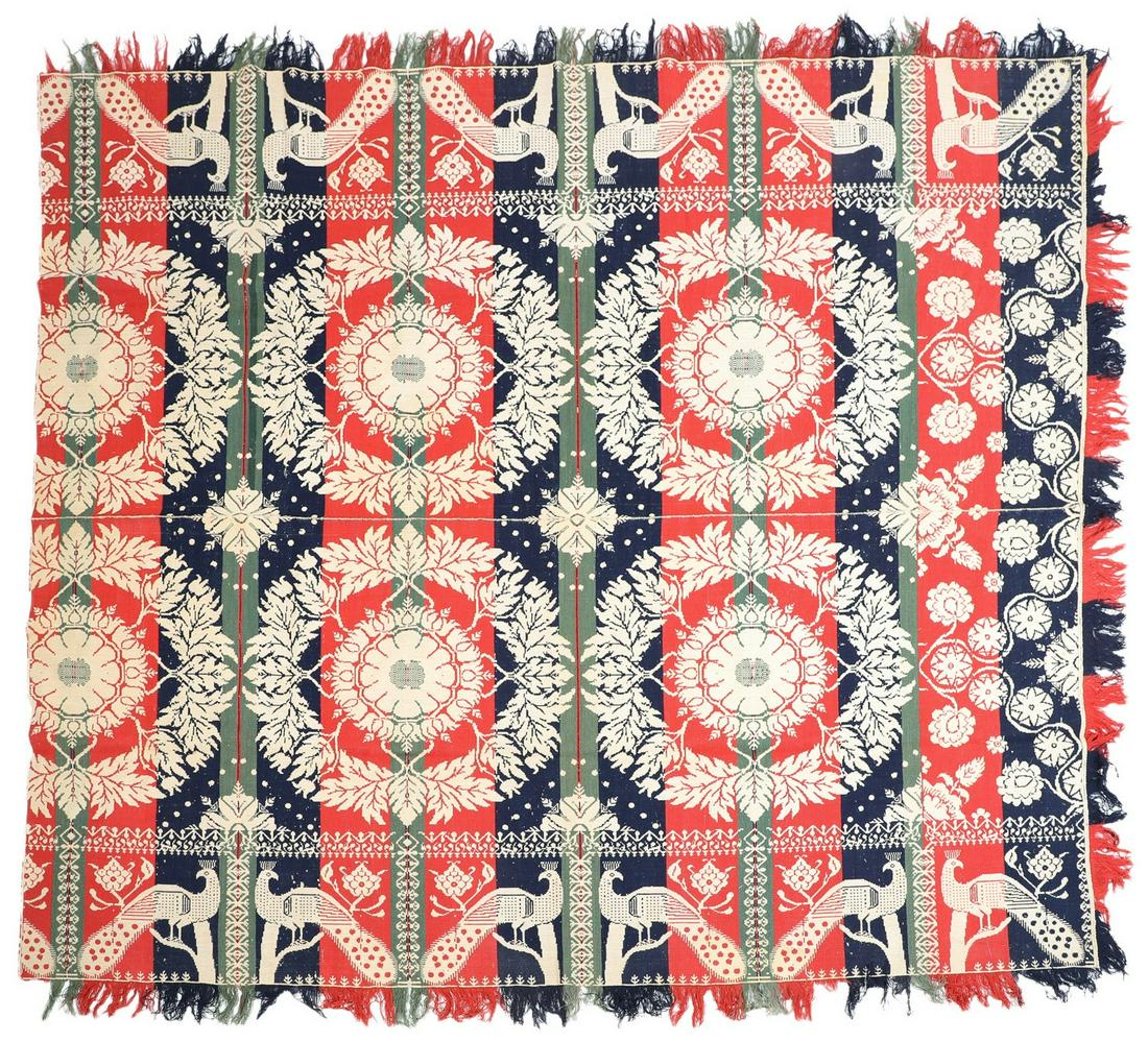 Mid 19th C 2-Part 4-Color Jacquard Coverlet (1 of 4)