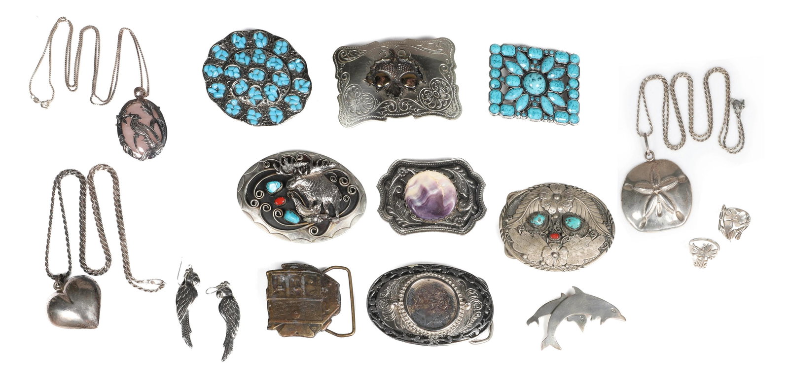 Sterling Jewelry and Belt Buckles: Sterling jewelry and belt buckles to include sterling parrot earrings, sterling heart pendant on sterling rope chain, sterling sand dollar pendant on sterling rope chain, sterling and rose quartz pend