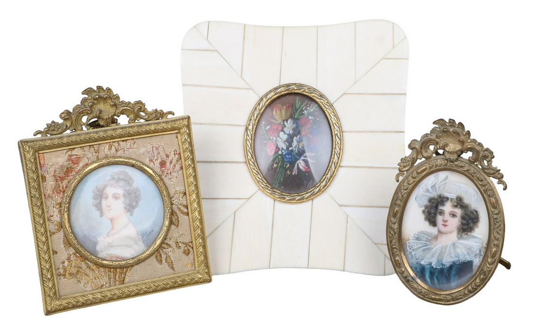 (3) Miniature Paintings on Porcelain: (3) Miniature paintings on porcelain, c/o round woman portrait signed Prene in gilt frame with tapestry fabric mat (1-3/8" dia sight, 3" x 2-3/8" overall), oval child portrait in gilt frame (1-3/4" x 