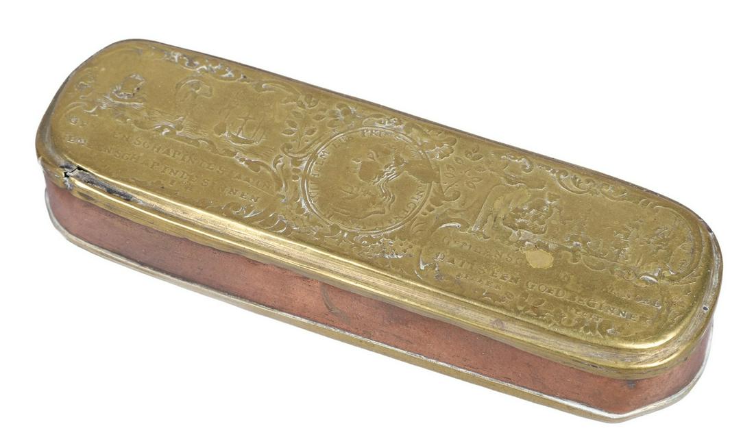 IH Becker Brass & Copper Tobacco Box: IH Becker brass & copper tobacco box, portrait medallion on cover of Prince Willem of the Netherlands, inscription on reverse translates to "I sail like a hero to far-off coasts / If it weren't for th