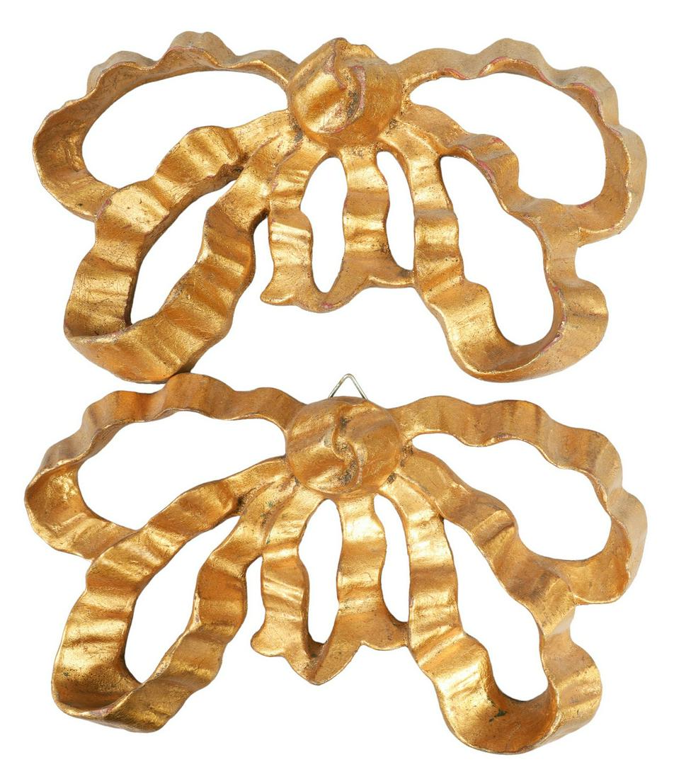 (2) Carved Wood Gilt Bow Wall Hangings: (2) Carved wood gilt bow wall hangings, 9-3/8" x 5-1/4"