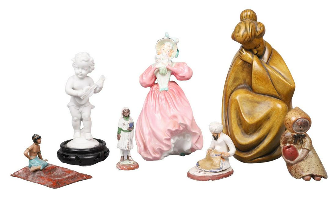 (7) Figures: (7) Figurines, c/o Royal Doulton Marguerite porcelain (8-1/4" h), German ceramic seated geisha (9-3/4" h), speckled stoneware figure holding pot (4" h), German bisque cherub with ukulele on carved woo