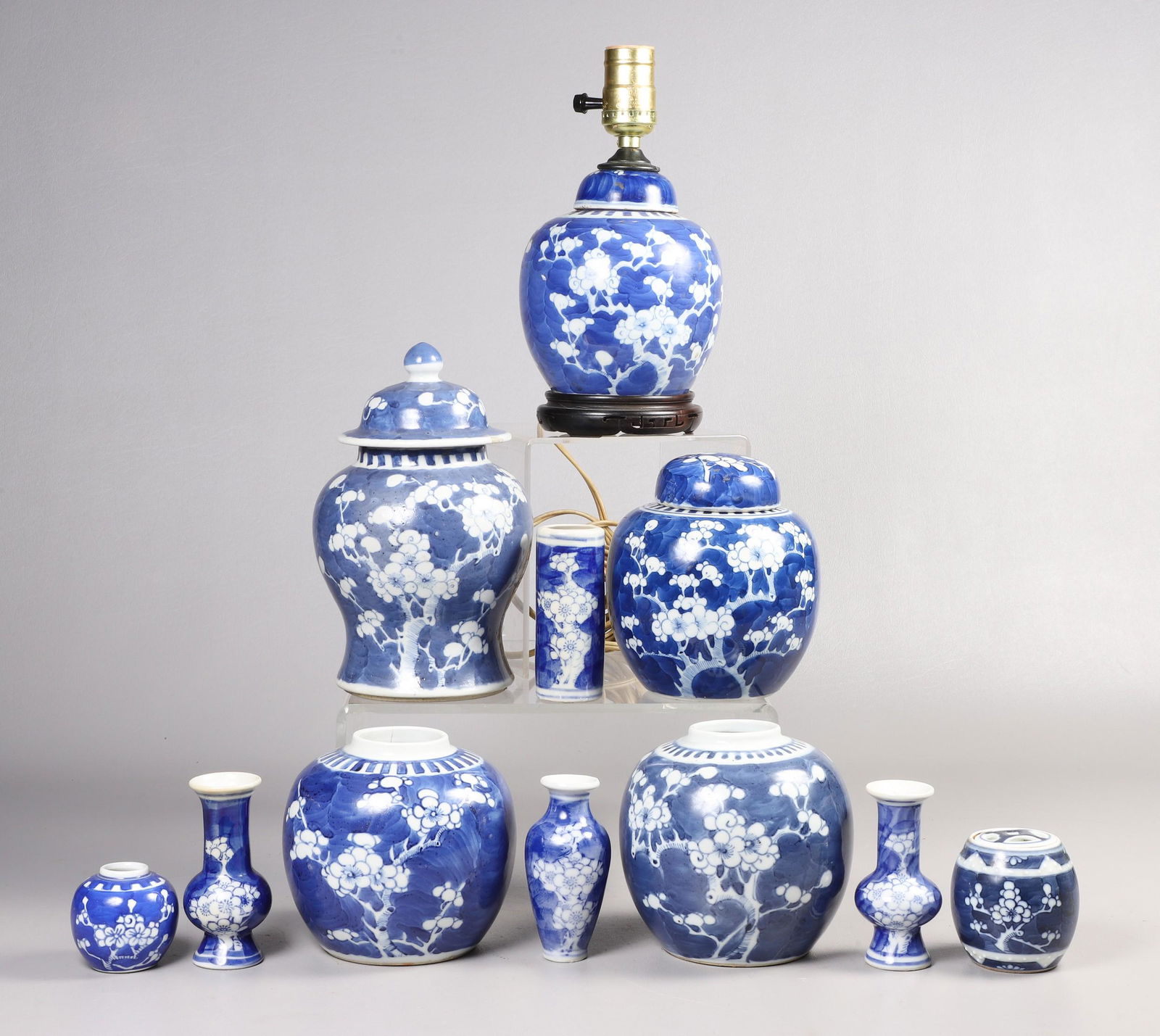 (10) Pcs Chinese Prunus Decorated Porcelain: (11) Pcs Chinese blue & white porcelain, prunus decoration, c/o covered jar, ginger jar mounted as table lamp, (3) ginger jars (one with lid), barrel form covered jar, (5) miniature vases, tallest 9"