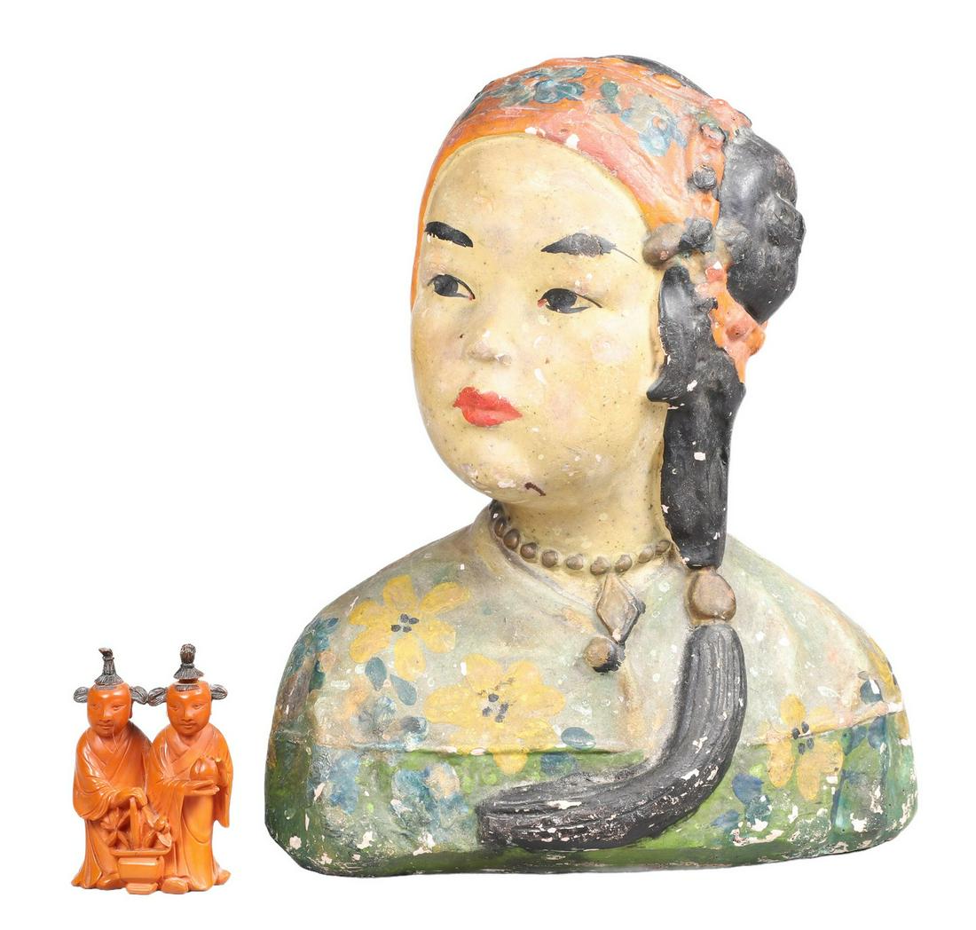 Asian Chalkware Bust & Double Snuff Bottle (1 of 8)