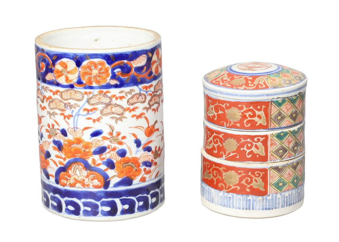 (2) Pcs Japanese Imari Porcelain: (2) Pcs Japanese Imari porcelain, unmarked, c/o brush pot (5-1/4" h x 3-3/4" dia), miniature 3-tier stacking box (4-1/4" h, chips to underside of lid)