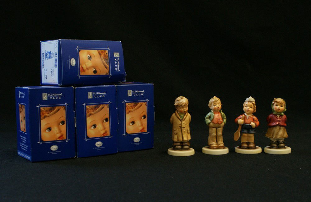 (4) MI Hummel Club Figurines, 'Too Shy to Sing' H: (4) MI Hummel Club Figurines, 'Too Shy to Sing' Hum 845 #1995, 'Steadfast Soprano' Hum 848 #1709, 'First Mate Hum 2148/B #1850, 'Clear as a Bell' Hum 2181 #1994, tallest 4", all with original boxes