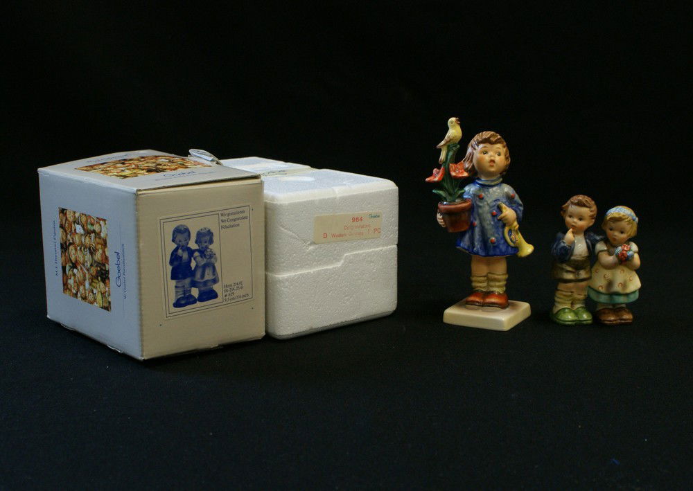 (2) Hummel Figurines, 'We Congratulate' Hum 214/E: (2) Hummel Figurines, 'We Congratulate' Hum 214/E #629, 'Congratulations' Hum 17/0, tallest 5 3/4", one with original box