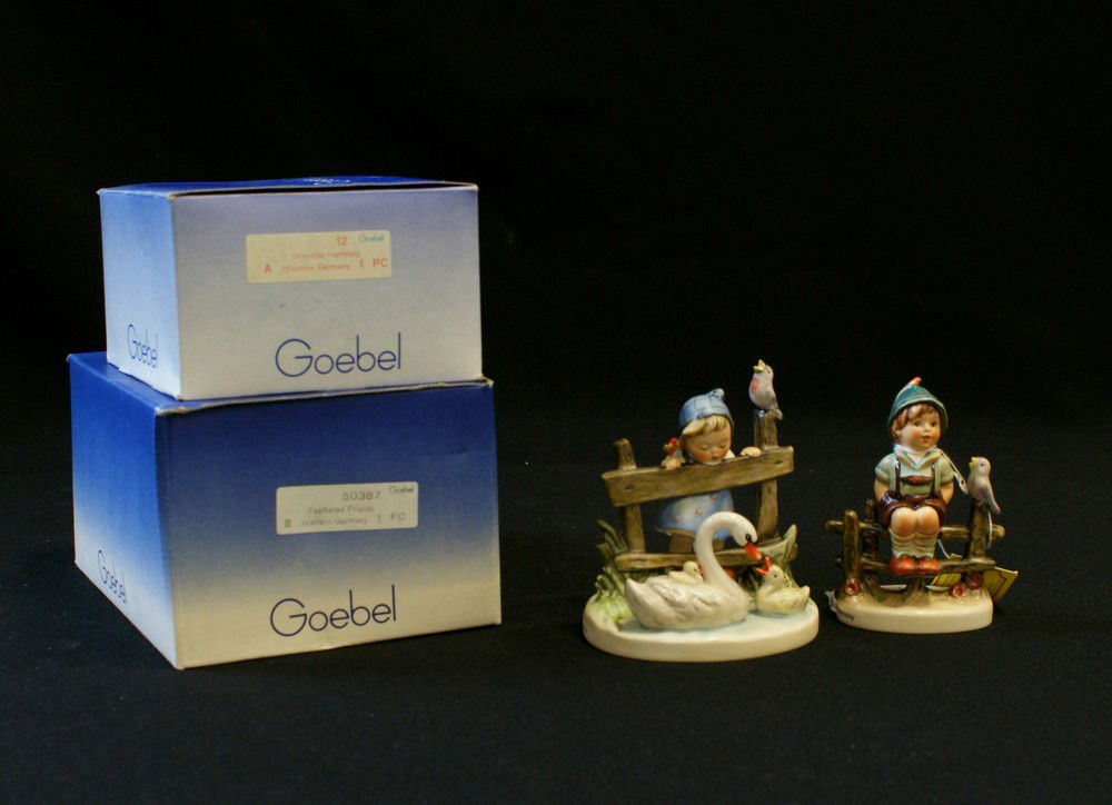 (2) Hummel Figurines, 'Feathered Friends' Hum 344: (2) Hummel Figurines, 'Feathered Friends' Hum 344, 'Wayside Harmony' Hum 111 3/0, tallest 4 1/2", both with original boxes