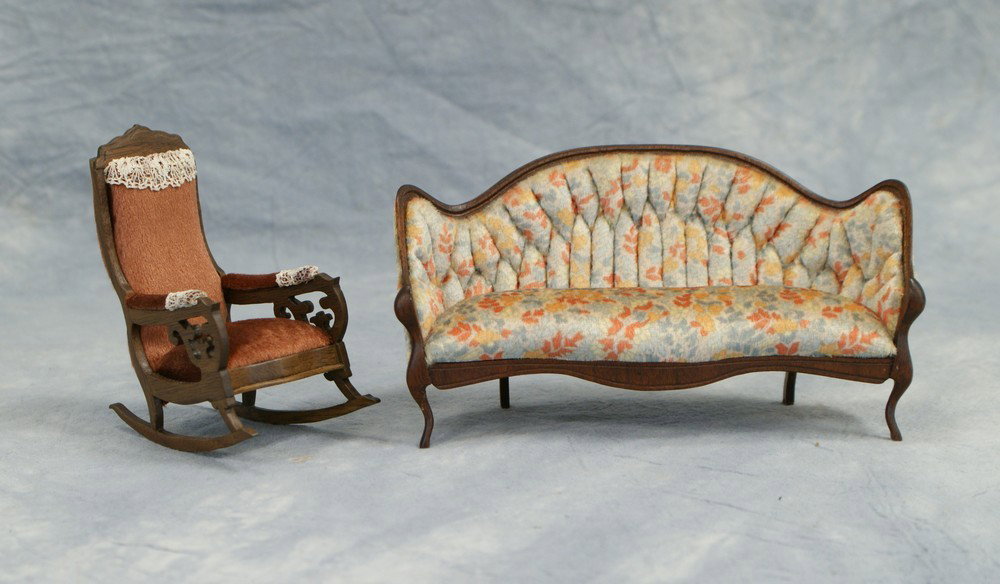 2 pcs Nic Nichols signed miniature Victorian parl: 2 pcs Nic Nichols signed miniature Victorian parlor furniture, consisting of upholstered couch, 6 /25 dated '81, 3-3/4" tall, and upholstered rocking chair 37/100, dated '79, 3-3/4" high