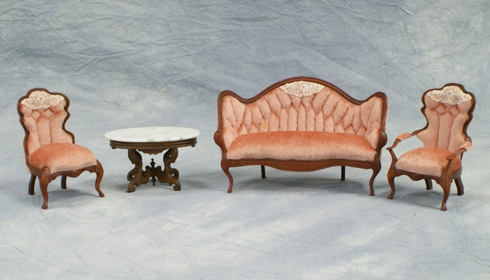 4pc Nic Nichols miniature Victorian parlor set, : 4pc Nic Nichols miniature Victorian parlor set, consisting of upholstered couch 22/100, upholstered arm chair 18/100, upholstered side chair 17/100, marble top table 5/50, all dated '79, tallest 3-1/4