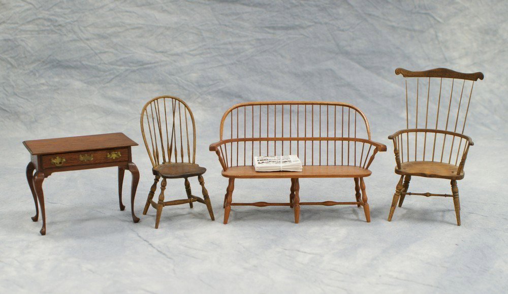 4 pc miniature furniture, c/o QA side table by E: 4 pc miniature furniture, c/o QA side table by Ed Norton, braceback Windsor side chair by Ed Norton, comb back Windsor armchair , by Buttfield, '76, and bowback Windsor bench by W.S.C, tallest 4-1/8 "