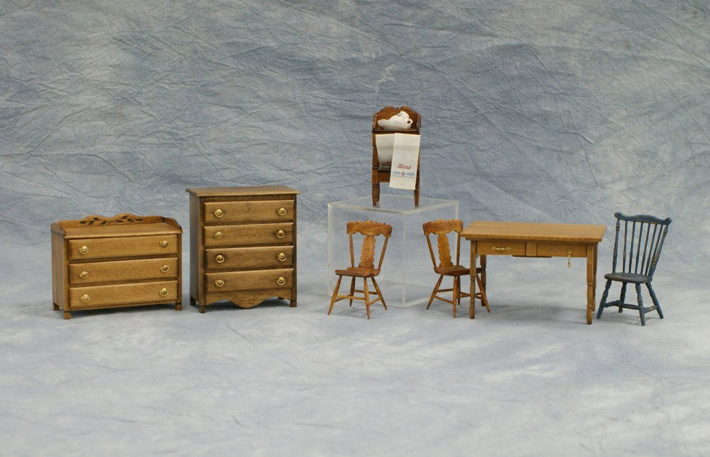 7 pcs of assorted miniature country furniture, c: 7 pcs of assorted miniature country furniture, consisting of 1 tall chest, low boy by Walter Sawicky, wash stand, table by Gay, 2 chairs by Maloy, 1 unmarked Windsor chair, tallest 3-7/8"