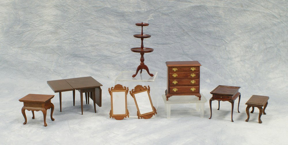 8 pcs miniature furniture by Andrews Miniatures, : 8 pcs miniature furniture by Andrews Miniatures, consisting of 4 tables, 2 mirrors, pie stand, low boy, tallest 4-3/4" tall