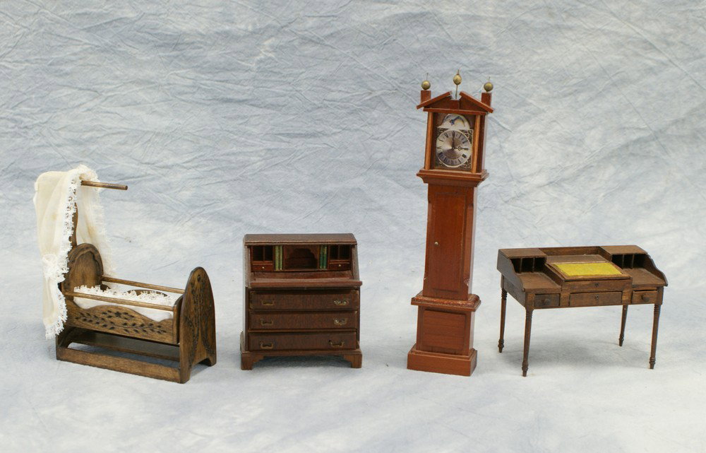 4 pcs miniature doll house furniture, including : 4 pcs miniature doll house furniture, including rocking cradle by Walter Sawicky, tallest 8" high