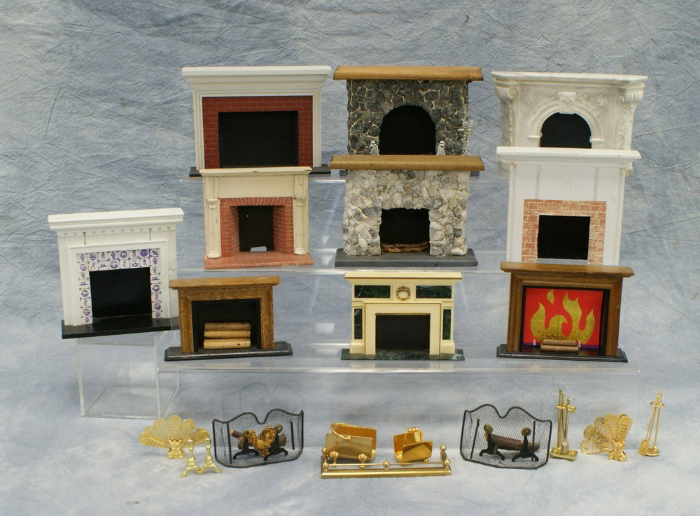 Misc lot of fire places, some stone, wood & plas: Misc lot of fire places, some stone, wood & plastic, assorted fire place tools, tallest 4-1/2" high