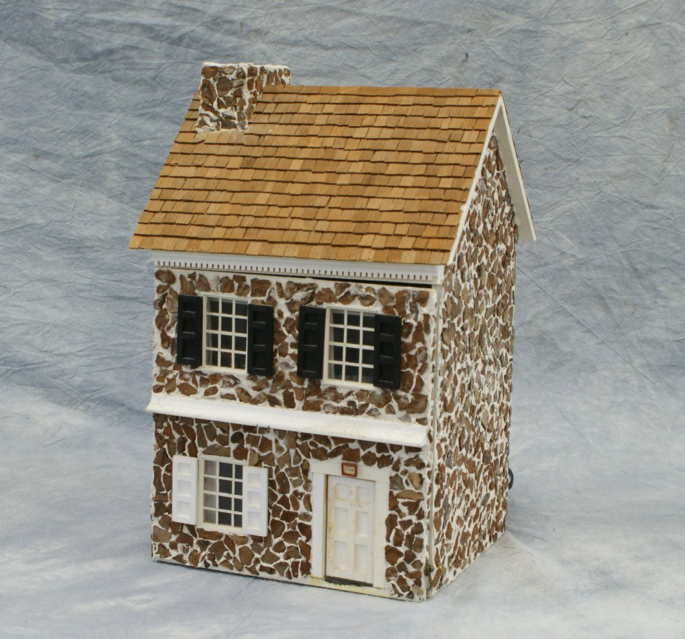 1/4 scale, 2 story stone cottage, including misc: 1/4 scale, 2 story stone cottage, including misc 1/4 scale doll house furniture, including Robert Bernhard settee, 2 Norton Windsor Chair, and other misc pcs, tallest 14-3/4" high , 8-3/4 wide, 8" dee