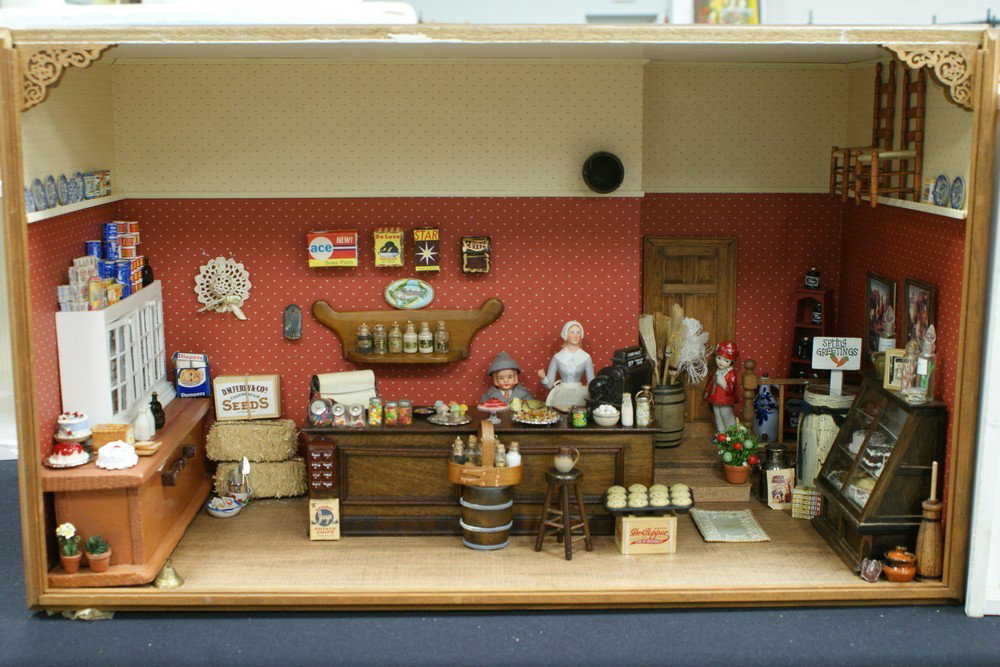 Room diorama with country store accessories, 10-1: Room diorama with country store accessories, 10-1/2" high, 19" wide, 11" deep