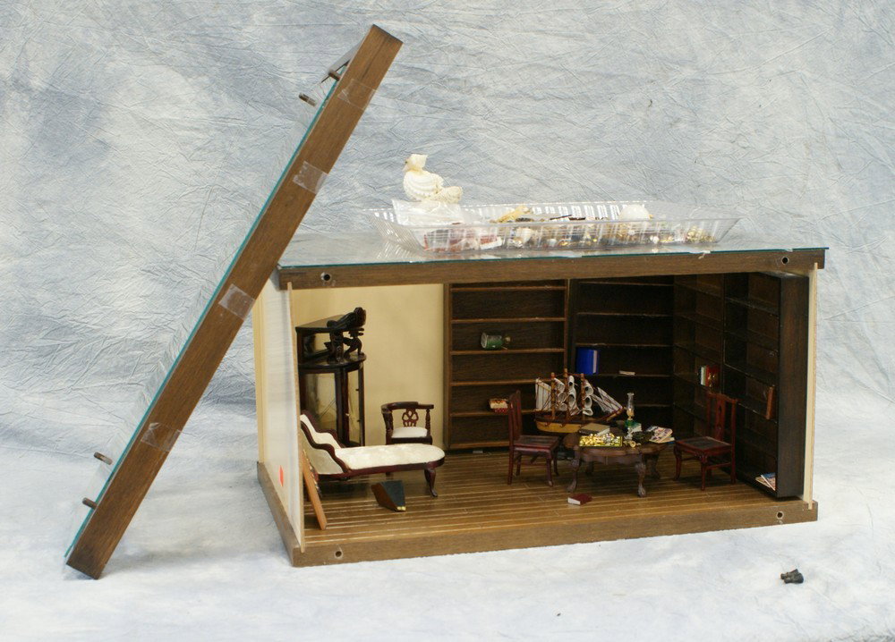Diorama with miniature furniture with accessorie: Diorama with miniature furniture with accessories, 10" high, 19" wide, 12-1/2" deep