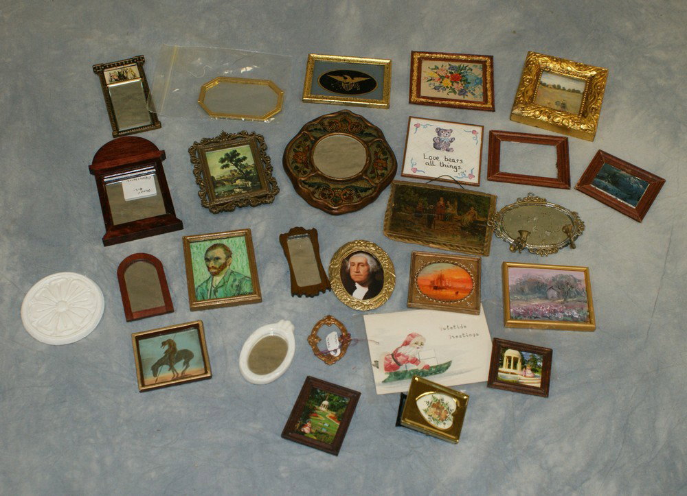 Lot of miniature artwork & mirrors, largest 4" x: Lot of miniature artwork & mirrors, largest 4" x 3 3/4"