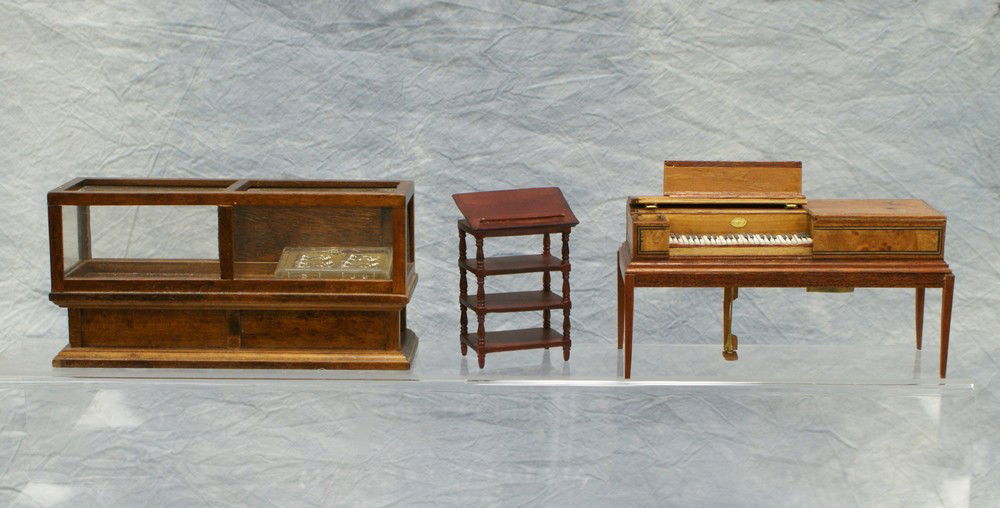 3 Pieces of doll house furniture, including musi: 3 Pieces of doll house furniture, including musical piano, display cabinet, shelf, tallest 3 3/4"