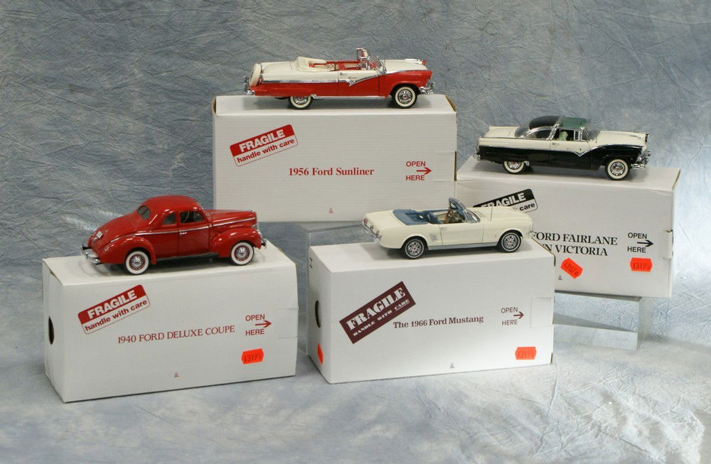 (4) Danbury Mint 1:24 scale cars, c/o 1940 Ford D: (4) Danbury Mint 1:24 scale cars, c/o 1940 Ford Deluxe Coupe, 1955 Ford Fairlane Crown Victoria, 1956 Ford Sunliner, 1966 Ford Mustang, all with original boxes