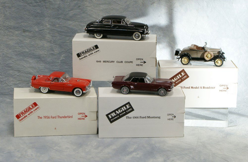 (4) Danbury Mint 1:24 scale cars, c/o 1931 Ford M: (4) Danbury Mint 1:24 scale cars, c/o 1931 Ford Model A Roadster, 1949 Mercury Club Coupe, 1956 Ford Thunderbird, 1966 Ford Mustang, all with original boxes