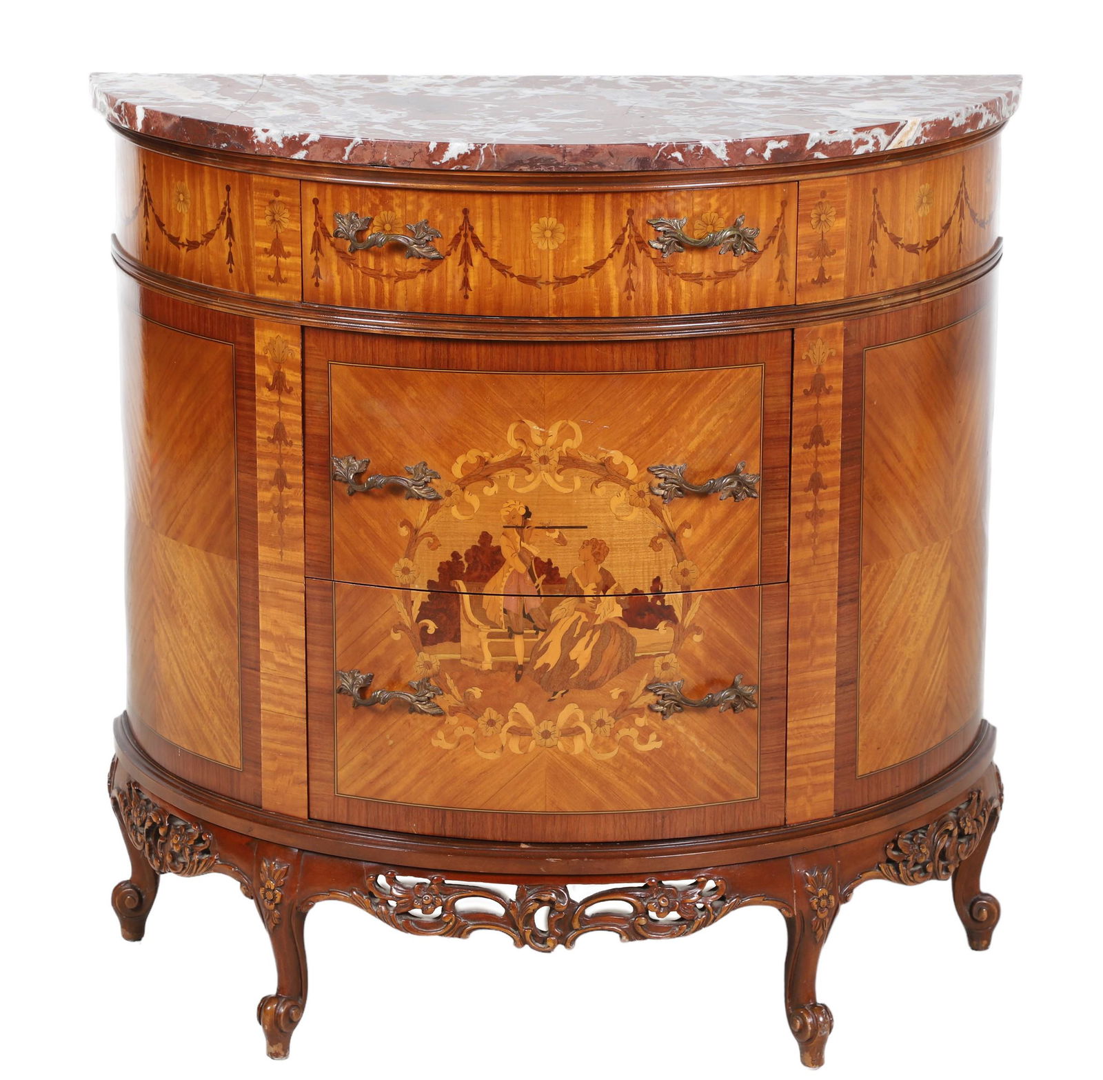 Louis XV style marbletop inlaid demilune cabinet (1 of 5)