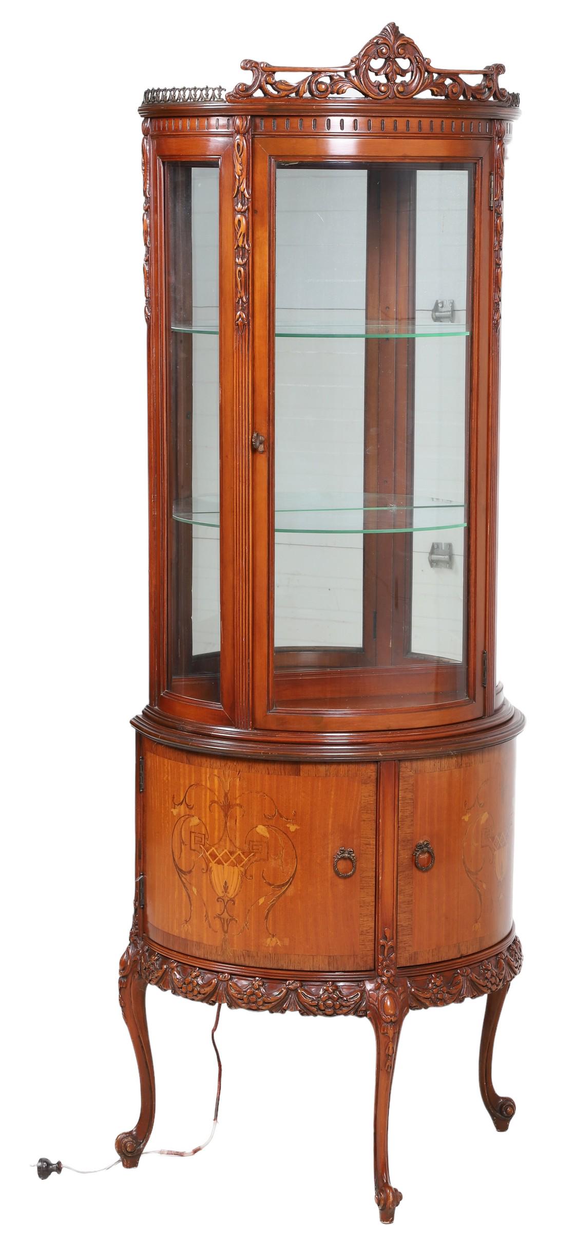Louis XV style carved inlaid bow front display cabinet (1 of 8)