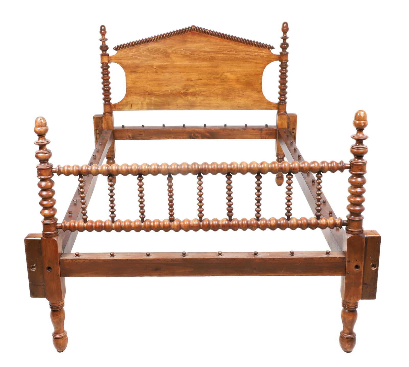 Pine spool turned twin size bed: Pine spool turned twin size bed, spool turned shaped headboard, spool turned posts, 48"h x 52"w