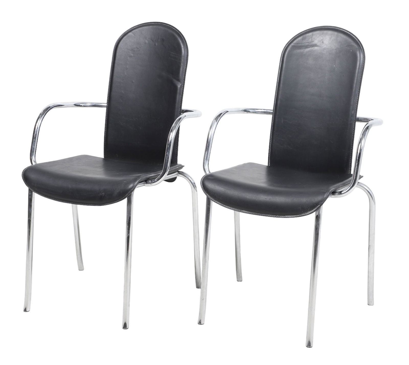Pair Cidue Italian Modern chrome and leather armchairs: Pair Cidue Italian Modern chrome and leather armchairs, chrome frame, black leather seat and back, 26-1/2"h x 20"w x 18"d