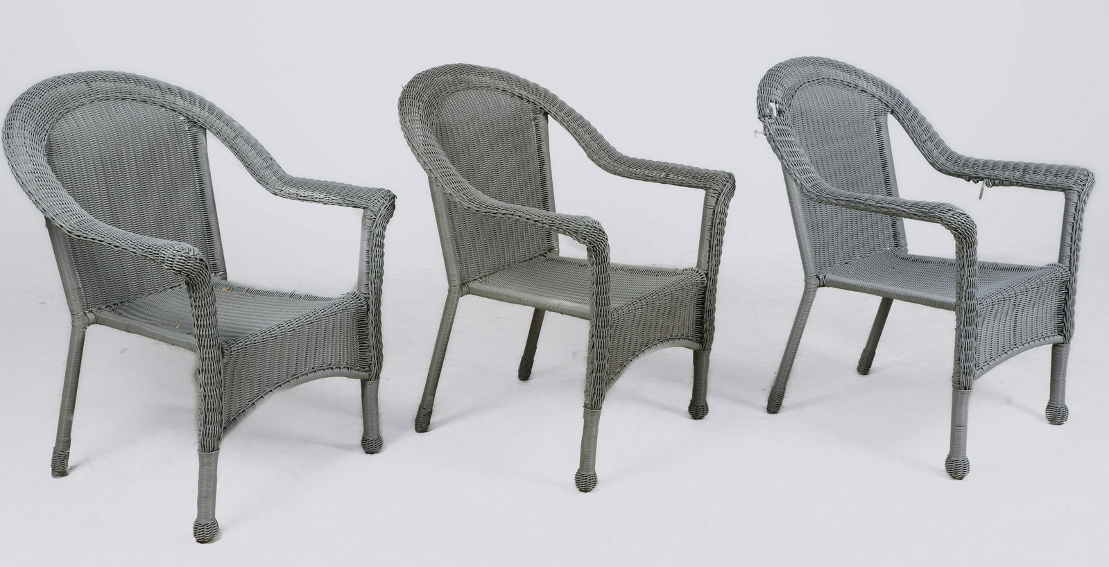 (3) Resin patio armchairs: (3) Resin patio armchairs, blue/green, 36"h x 27"w x 25"d, some damages to resin